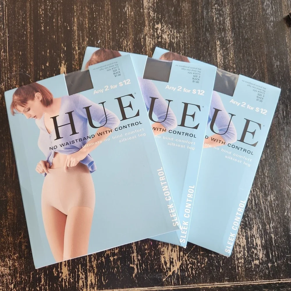 Lot of 3 HUE No‎ Waistband Control Top Sheer PANTYHOSE Black #5973 Size 3 NEW